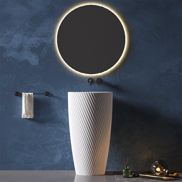 Lavoar de baie, freestanding, 50 cm, rotund, din compozit, alb, cu riflaje,  MonBlari