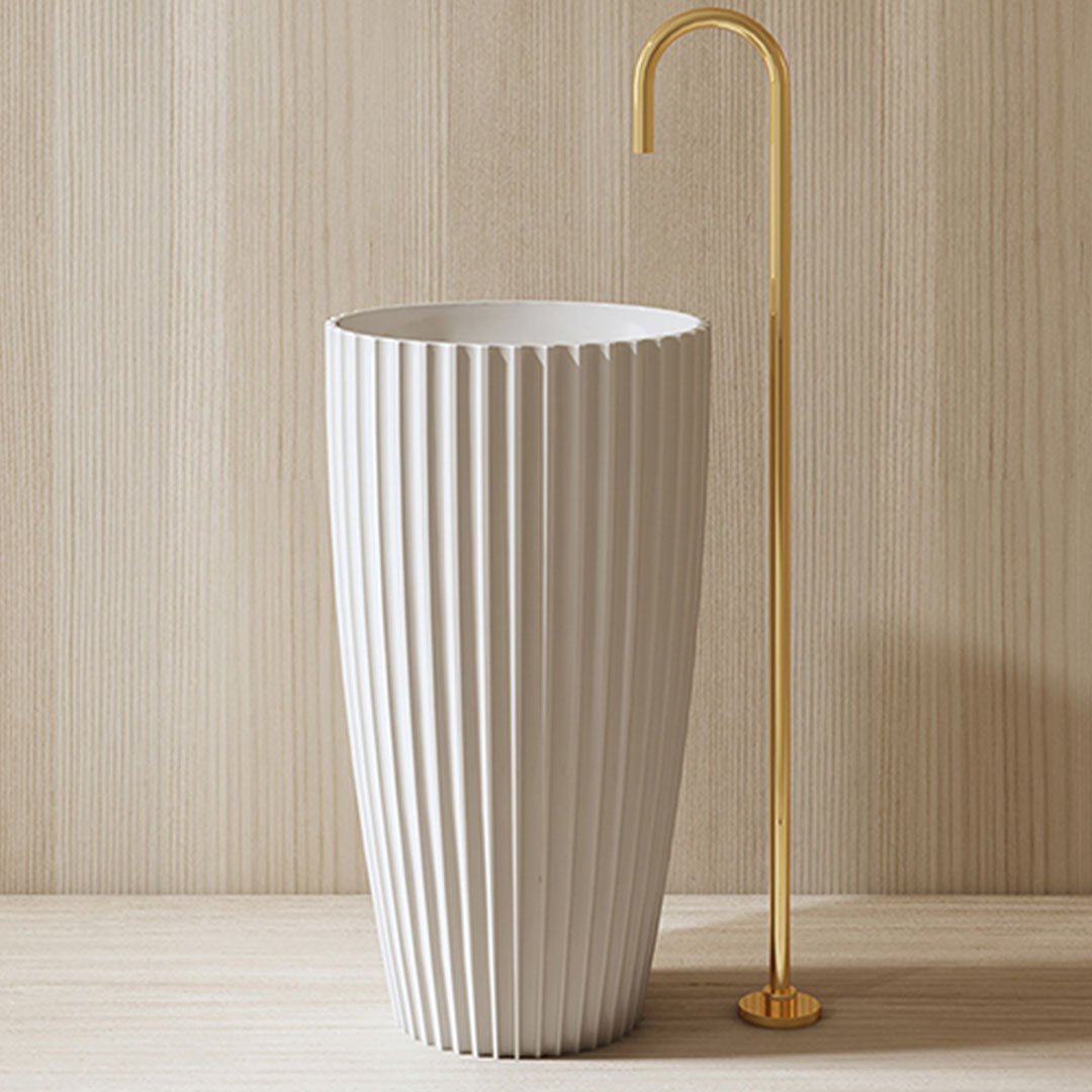 Lavoar de baie, freestanding, 50 cm, rotund, din compozit, alb mat, cu riflaje, MonBlari