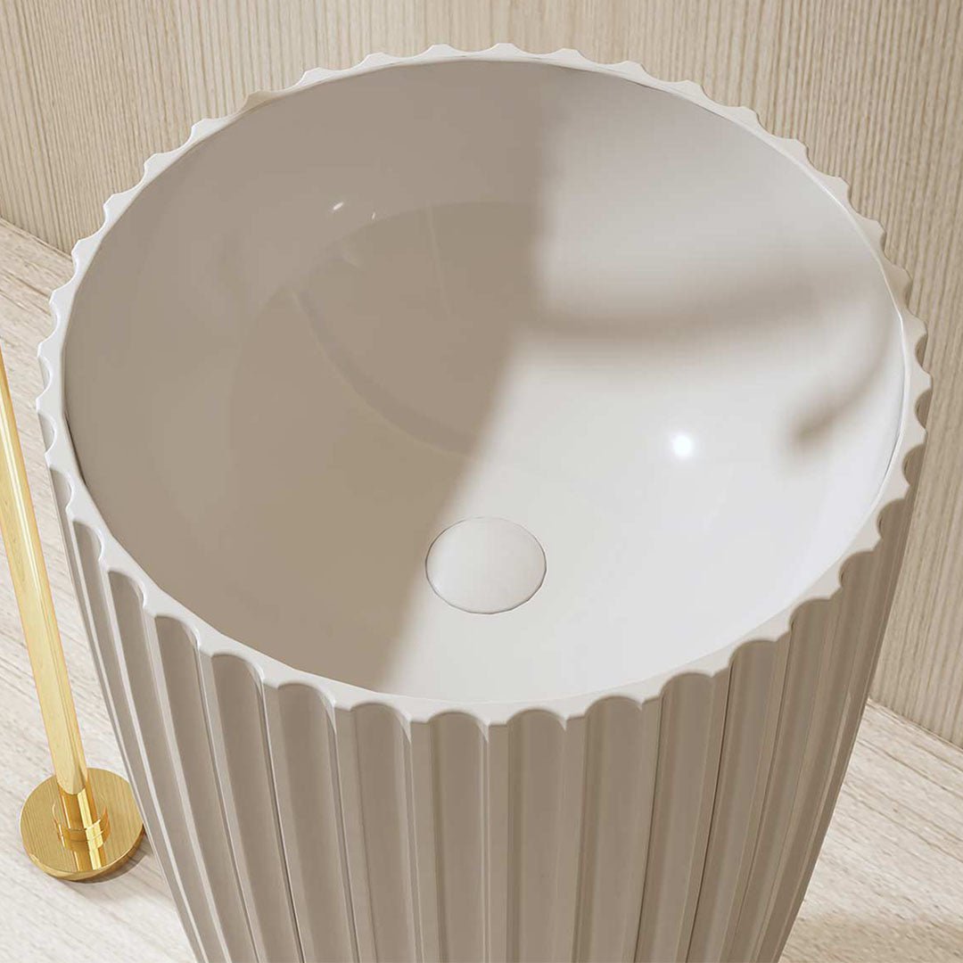 Lavoar de baie, freestanding, 50 cm, rotund, din compozit, alb mat, cu riflaje, MonBlari