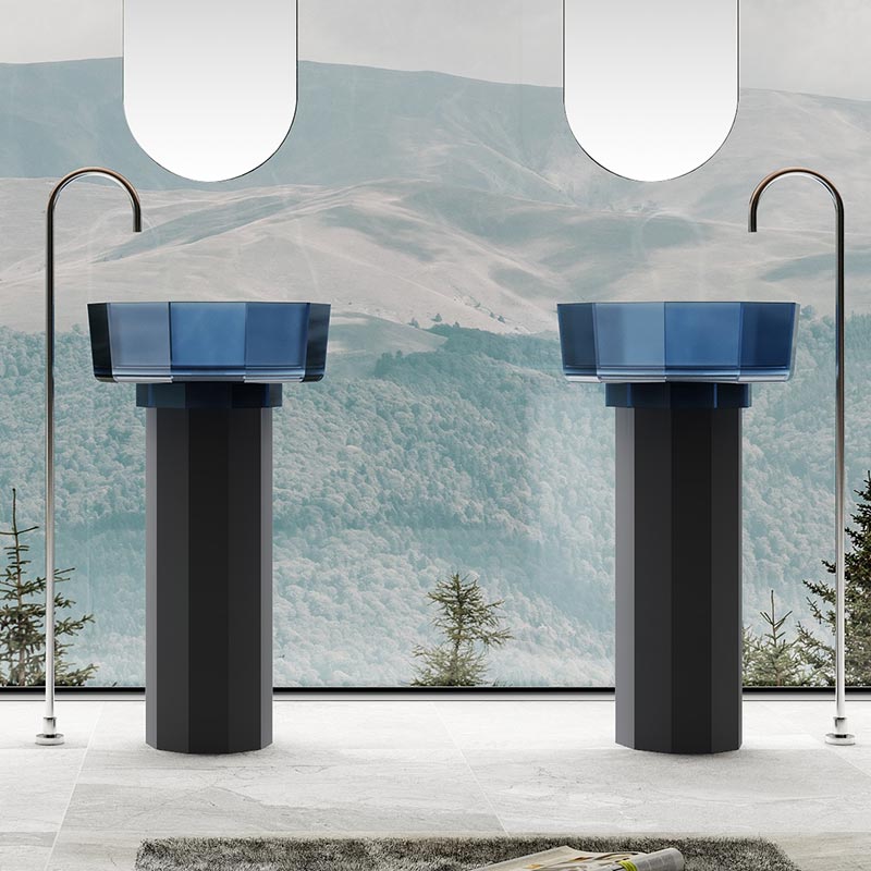 Lavoar de baie, freestanding, 50 cm, rotund, din rasina, albastru transparent, cu baza neagra,  MonBlari