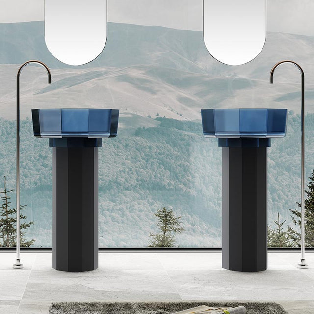 Lavoar de baie, freestanding, 50 cm, rotund, din rasina, albastru transparent, cu baza neagra,  MonBlari