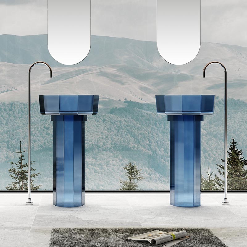 Lavoar de baie, freestanding, 50 cm, rotund, din rasina, albastru transparent,  MonBlari