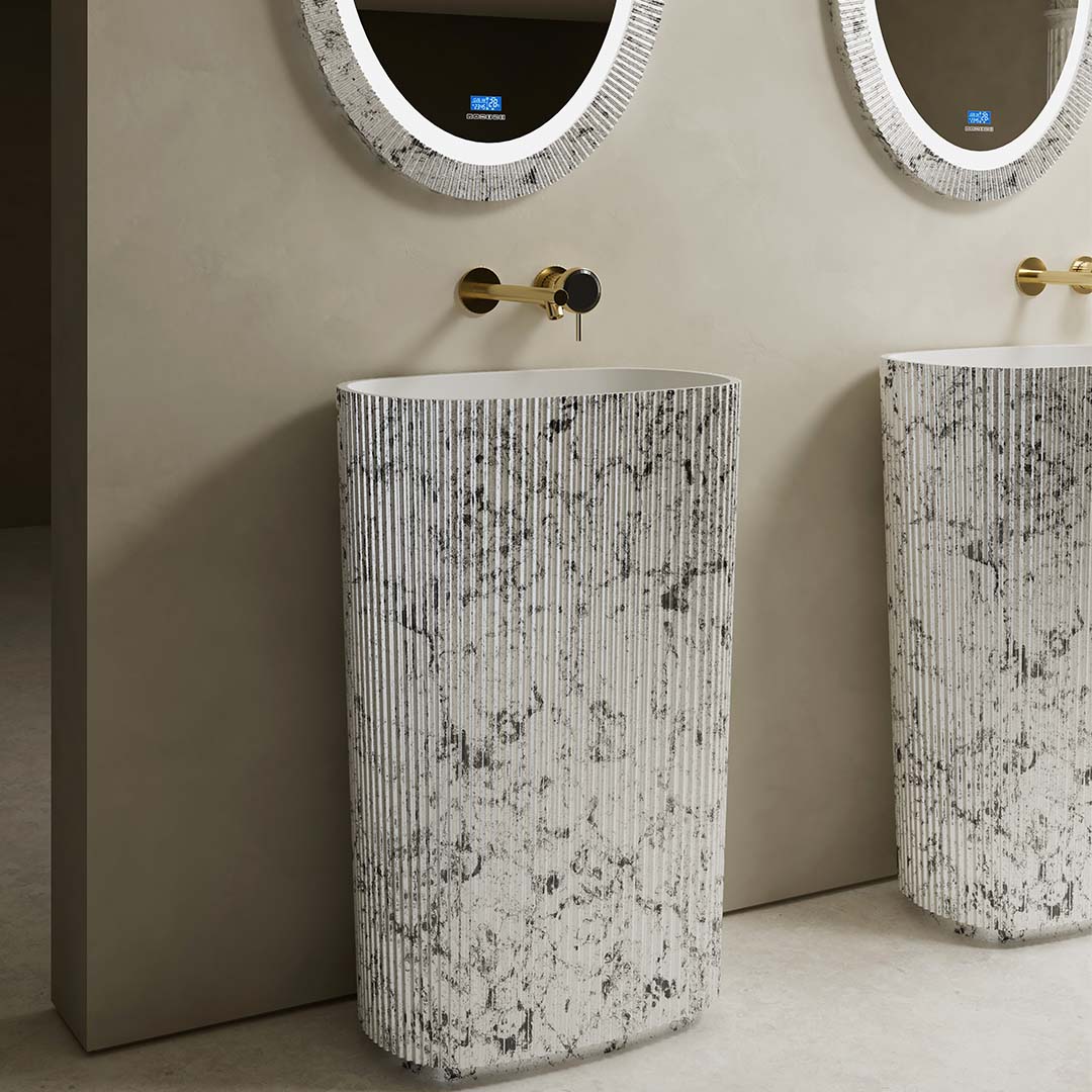 Lavoar de baie, freestanding, 55 cm, oval, din compozit, alb/gri cu riflaje, MonBlari