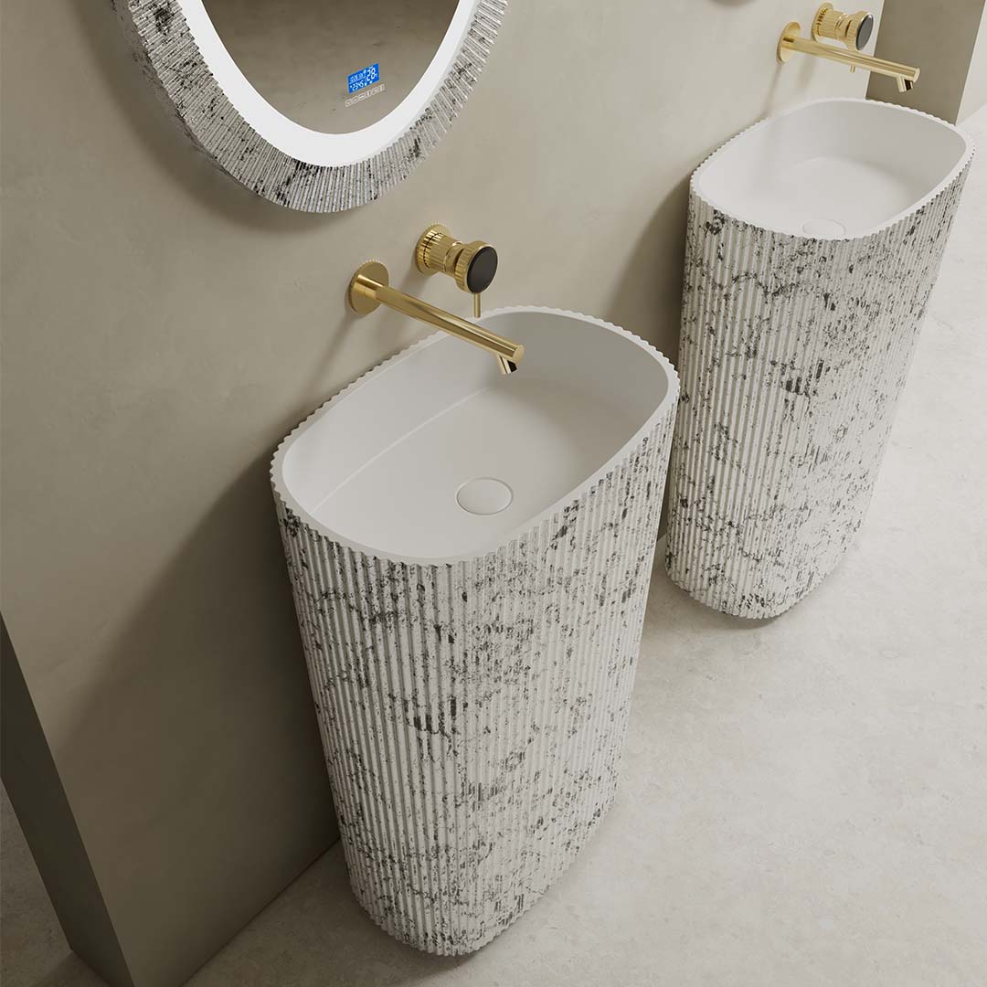 Lavoar de baie, freestanding, 55 cm, oval, din compozit, alb/gri cu riflaje, MonBlari