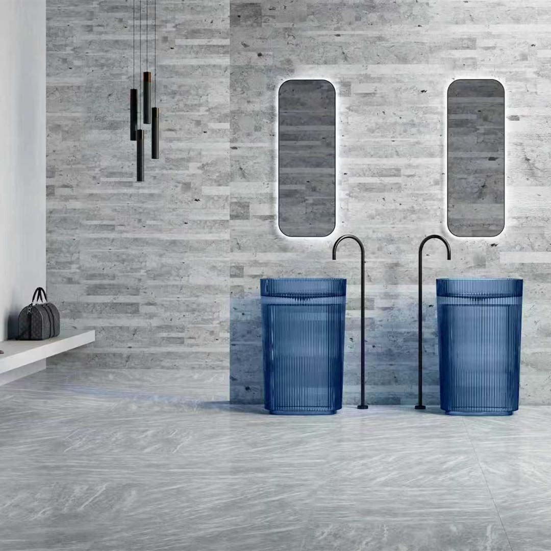 Lavoar de baie, freestanding, 55 cm, oval, din rasina, albastru transparent, MonBlari