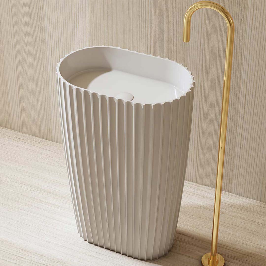 Lavoar de baie, freestanding, 60 cm, oval, din compozit, alb mat, cu riflaje, MonBlari
