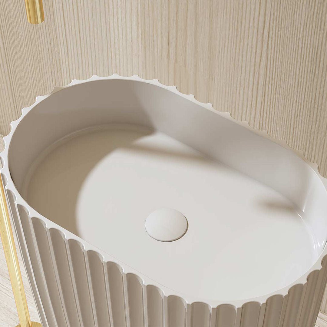 Lavoar de baie, freestanding, 60 cm, oval, din compozit, alb mat, cu riflaje, MonBlari