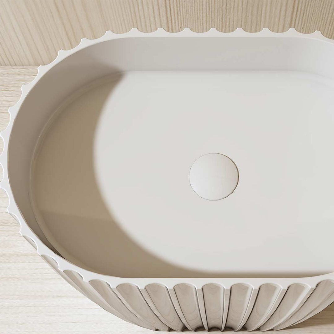 Lavoar de baie, freestanding, 60 cm, oval, din compozit, alb mat, cu riflaje, MonBlari