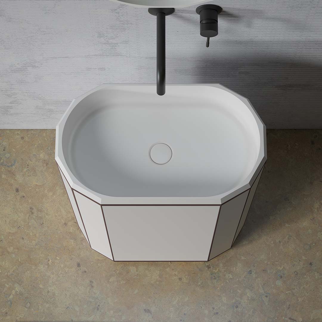 Lavoar de baie, freestanding, 60x36 cm, oval, din compozit, alb mat cu linii negre, MonBlari Beryl