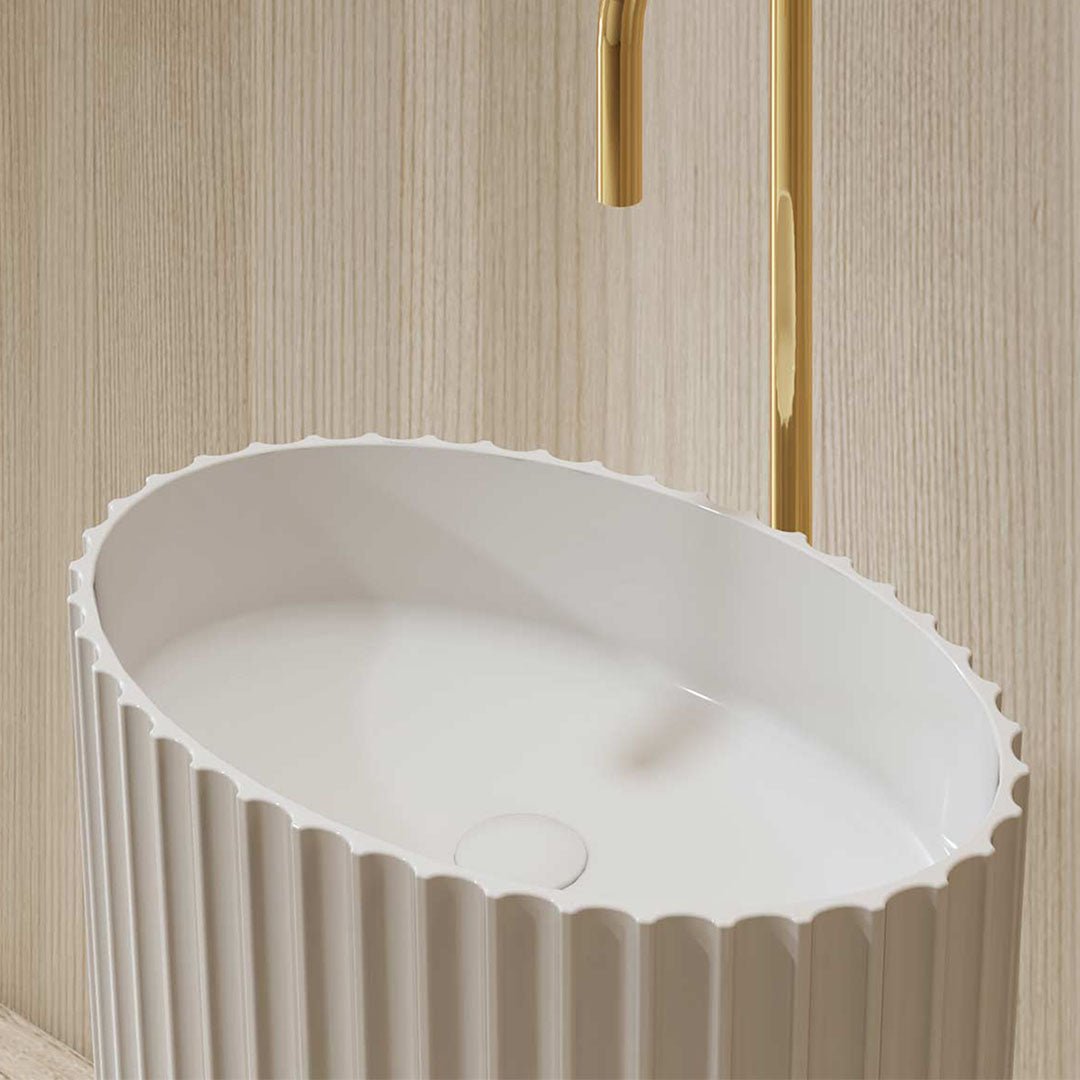 Lavoar de baie, freestanding, 60x40 cm, oval, din compozit, alb mat, cu riflaje, MonBlari