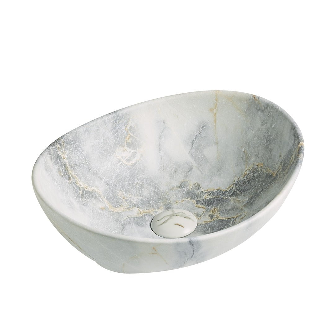 Lavoar de baie Inari, pe blat, oval, din ceramica sanitara, 41 cm, imitatie marmura Blue vein, Elysium