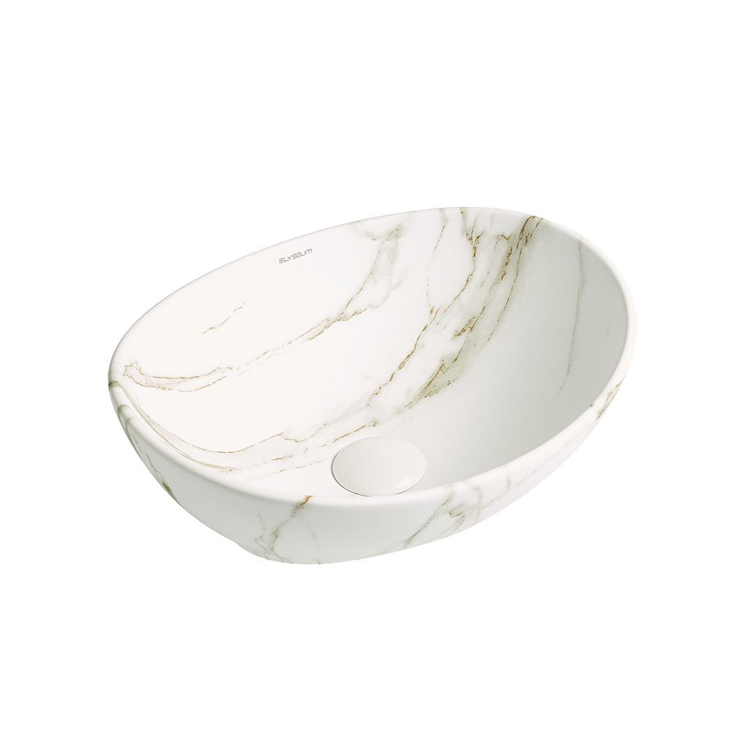 Lavoar de baie Inari, pe blat, oval, din ceramica sanitara, 41 cm, imitatie marmura Calacatta oro, Elysium