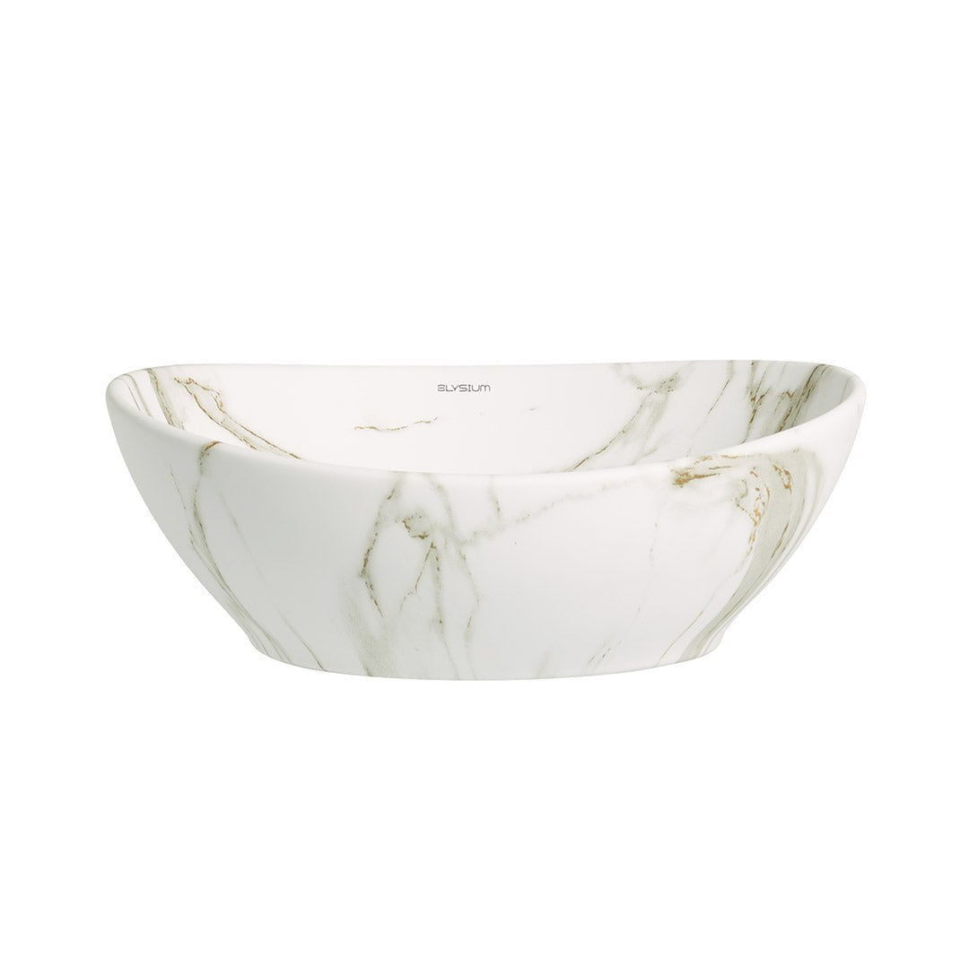 Lavoar de baie Inari, pe blat, oval, din ceramica sanitara, 41 cm, imitatie marmura Calacatta oro, Elysium