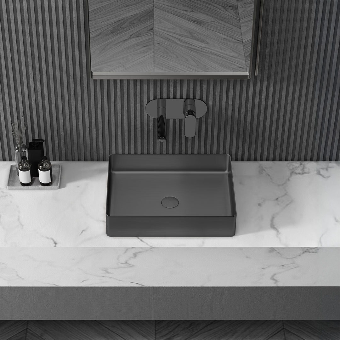 Lavoar de baie Kaia 57, pe blat, dreptunghiular, din otel inoxidabil, 57 cm, negru, Elysium