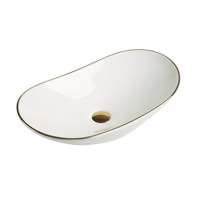 Lavoar de baie Lleida, pe blat, oval, din ceramica sanitara, 61.5 cm, alb lucios cu margini aurii, Elysium