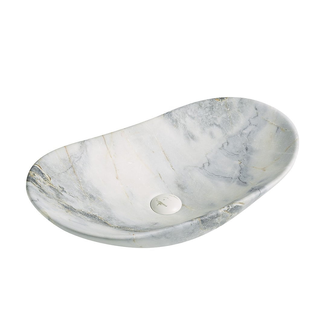 Lavoar de baie Lleida, pe blat, oval, din ceramica sanitara, 61.5 cm, imitatie marmura Blue vein, Elysium