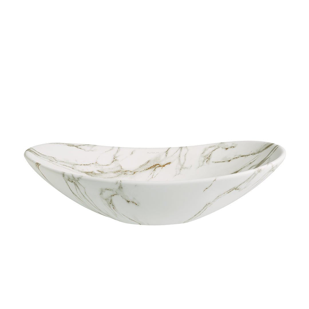 Lavoar de baie Lleida, pe blat, oval, din ceramica sanitara, 61.5 cm, imitatie marmura Calacatta oro, Elysium