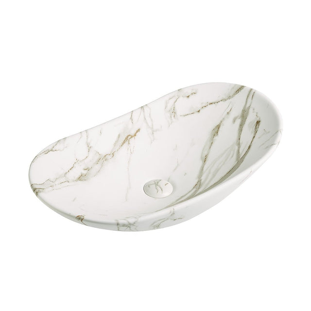 Lavoar de baie Lleida, pe blat, oval, din ceramica sanitara, 61.5 cm, imitatie marmura Calacatta oro, Elysium