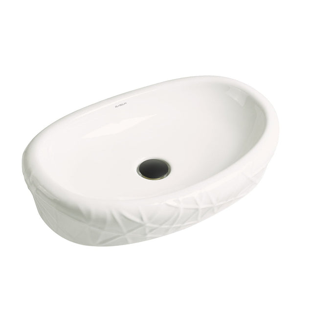 Lavoar de baie Meta, pe blat, oval, din ceramica sanitara, 60 cm, alb lucios cu model decorativ, Elysium