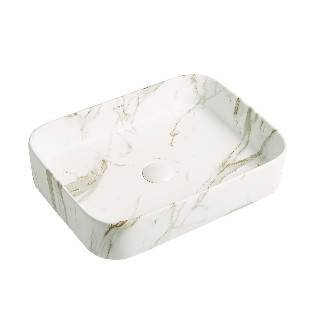 Lavoar de baie Mondego, pe blat, dreptunghiular, din ceramica sanitara, 50.5 cm, imitatie marmura, Elysium