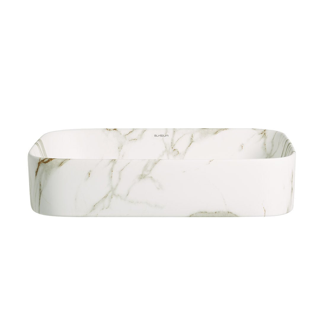 Lavoar de baie Mondego, pe blat, dreptunghiular, din ceramica sanitara, 50.5 cm, imitatie marmura, Elysium