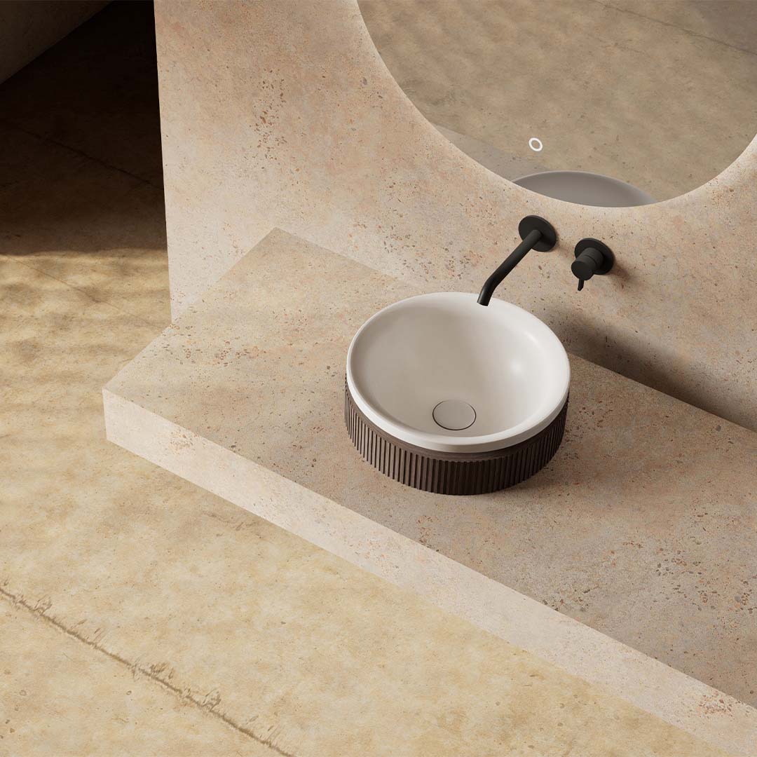 Lavoar de baie, pe blat, 38 cm, rotund, din compozit/lemn, stejar mat, MonBlari