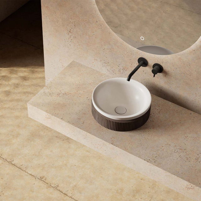 Lavoar de baie, pe blat, 38 cm, rotund, din compozit/lemn, stejar mat, MonBlari