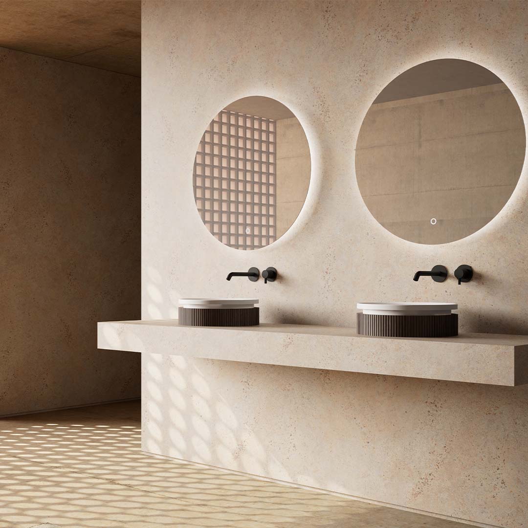 Lavoar de baie, pe blat, 38 cm, rotund, din compozit/lemn, stejar mat, MonBlari