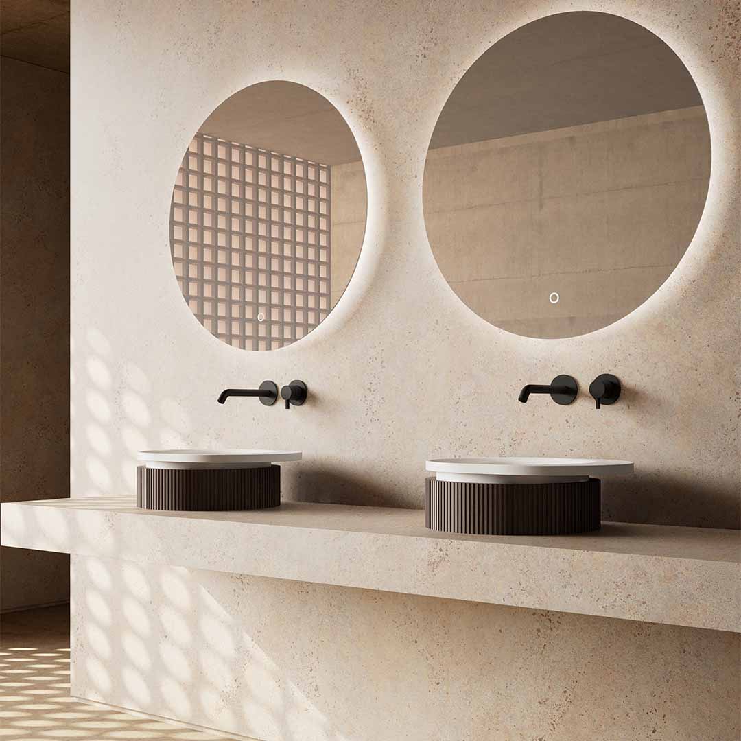 Lavoar de baie, pe blat, 38x46 cm, oval, din compozit, alb mat cu exterior lemn natur, MonBlari