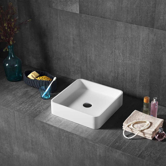 Lavoar de baie, pe blat, 400x400x100 mm, patrat, din compozit, alb mat, MonBlari