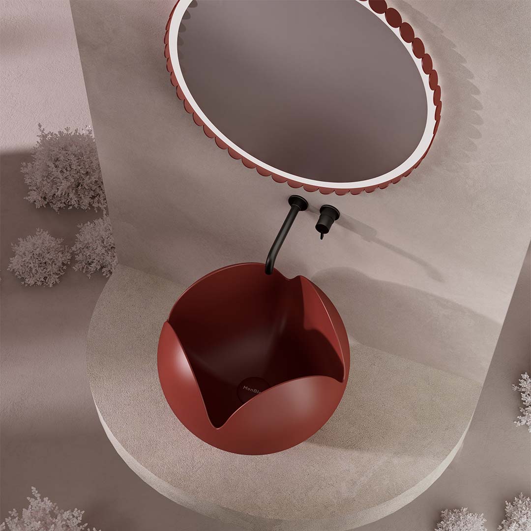 Lavoar de baie, pe blat, 450x450x350 mm, caramiziu, compozit, forma rotunda, MonBlari Flower