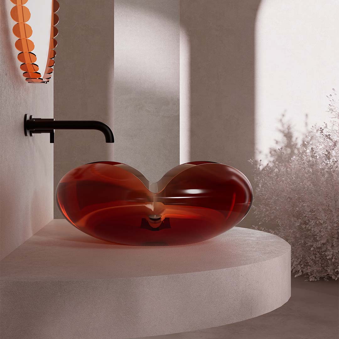 Lavoar de baie, pe blat, 45x45 cm, rotund, din rasina, caramiziu, MonBlari Flower