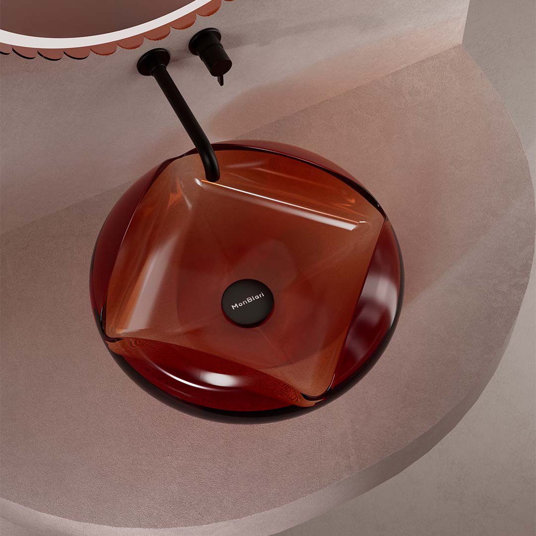 Lavoar de baie, pe blat, 45x45 cm, rotund, din rasina, caramiziu, MonBlari Flower