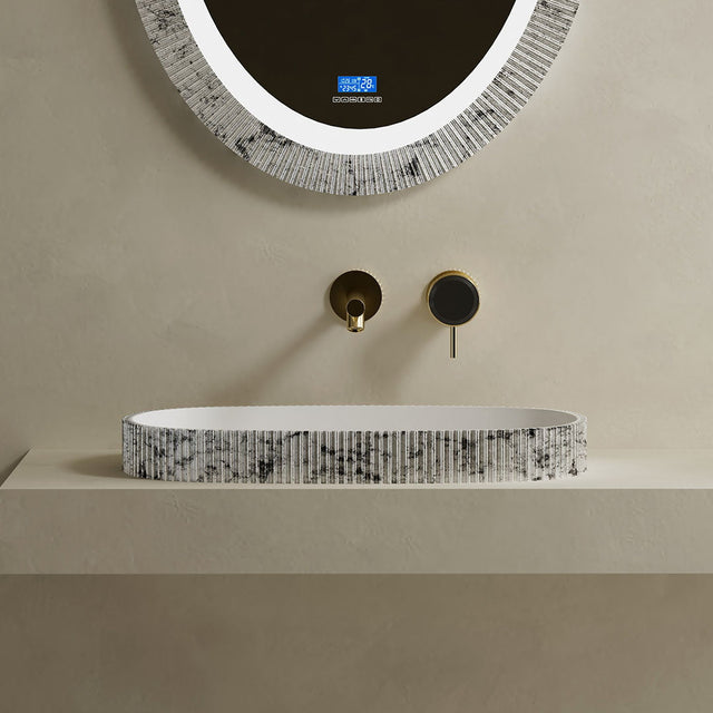 Lavoar de baie pe blat, 55 cm, oval, din compozit, alb/gri, finisaj riflat, MonBlari