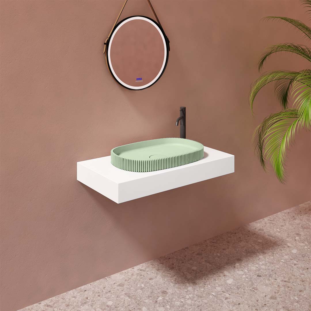 Lavoar de baie pe blat, 55 cm, oval, din compozit, verde mat, finisaj riflat, MonBlari