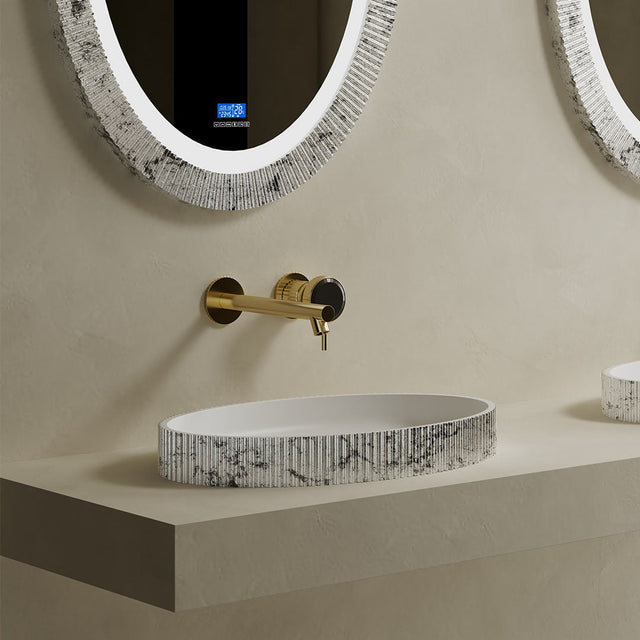 Lavoar de baie pe blat, 55x32 cm, oval, din compozit, alb/gri, finisaj riflat, MonBlari