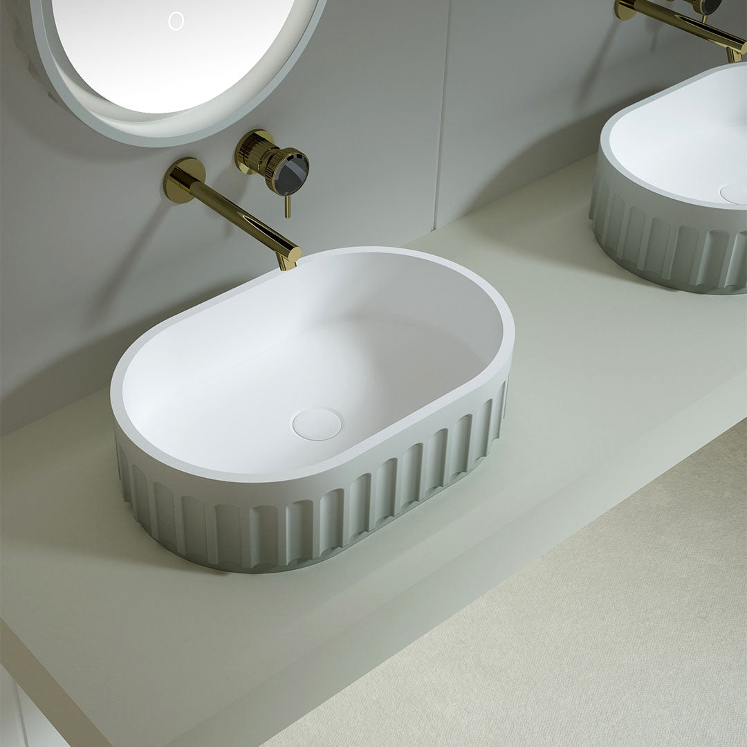 Lavoar de baie pe blat, 56 cm, rotund, din compozit, alb, finisaj mat, MonBlari