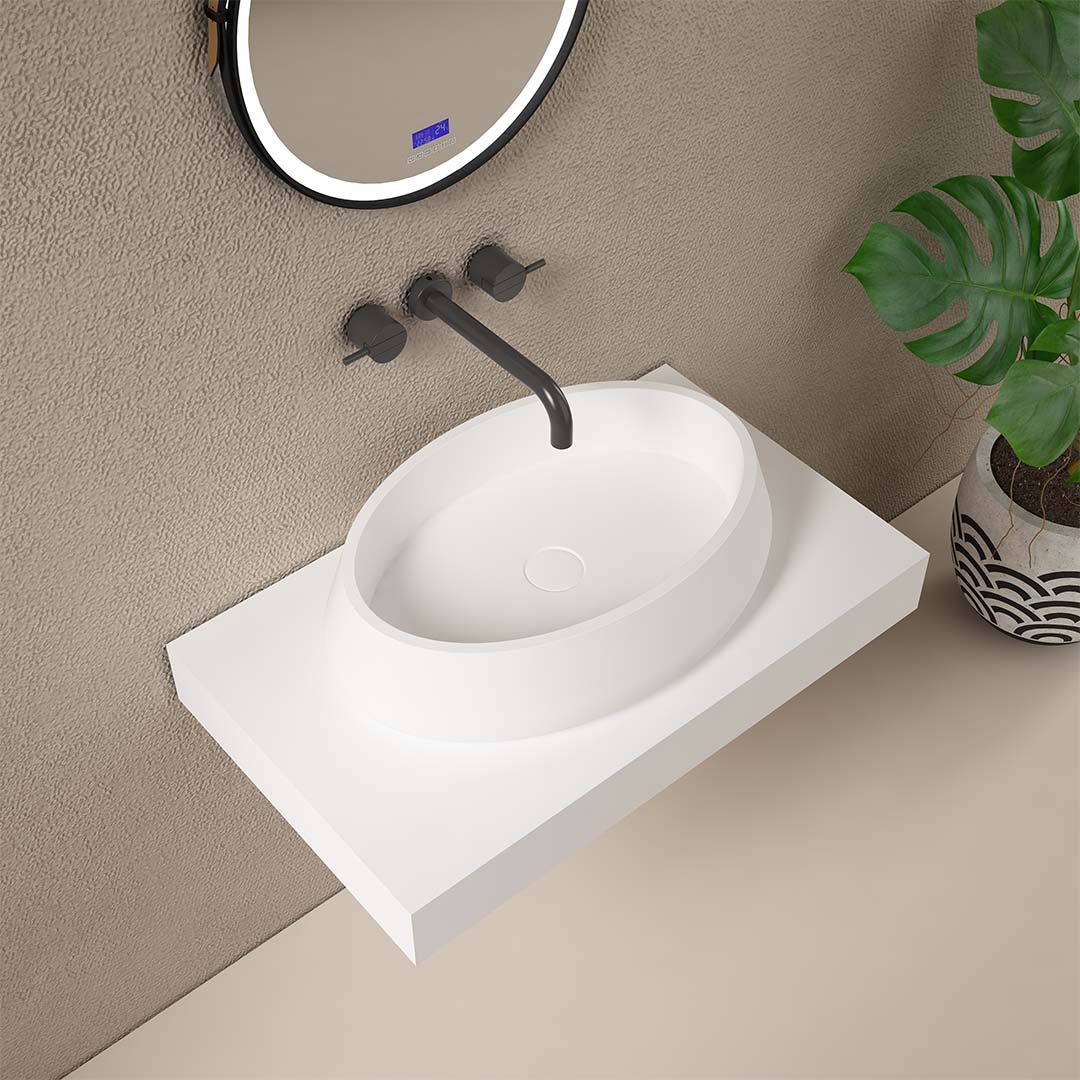 Lavoar de baie, pe blat, 60 cm, oval, din compozit, alb mat, MonBlari