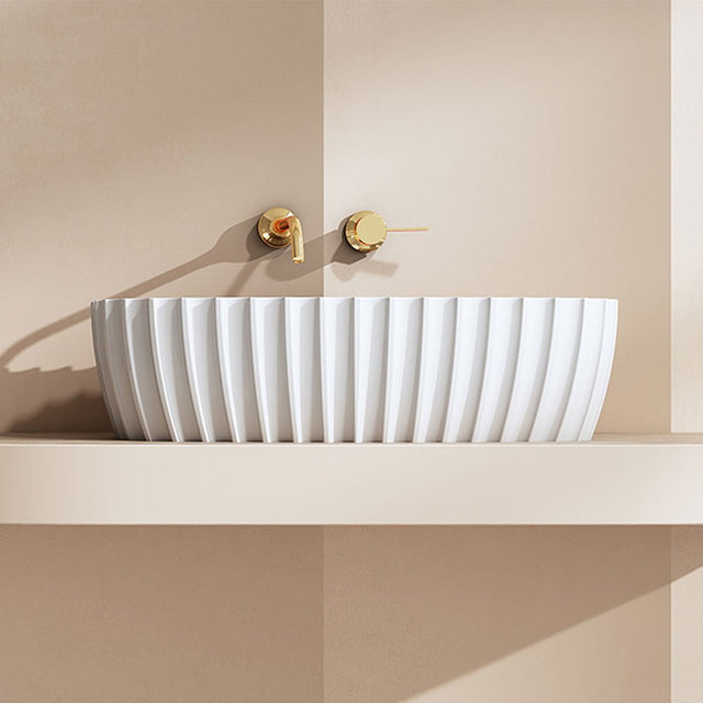 Lavoar de baie, pe blat, 600x350x160 mm, oval, cu riflaje, din compozit, alb lucios, MonBlari