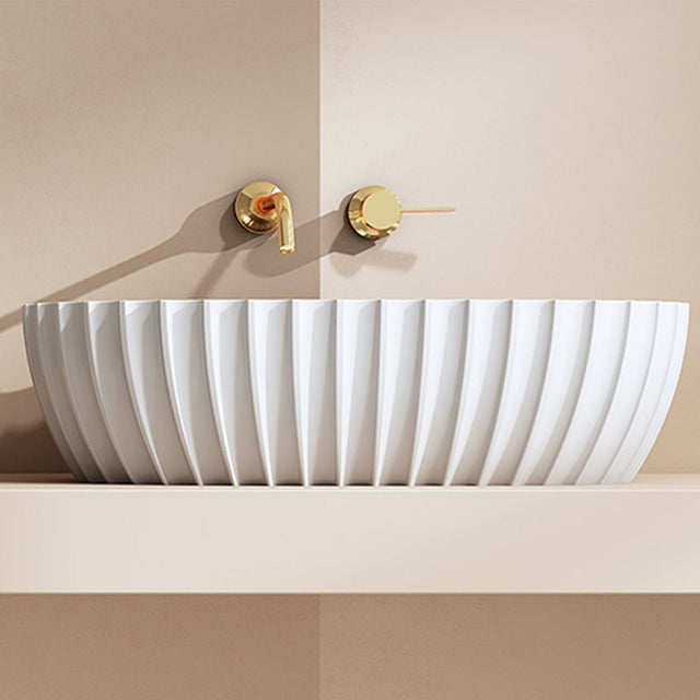 Lavoar de baie, pe blat, 600x350x160 mm, oval, cu riflaje, din compozit, alb mat, MonBlari