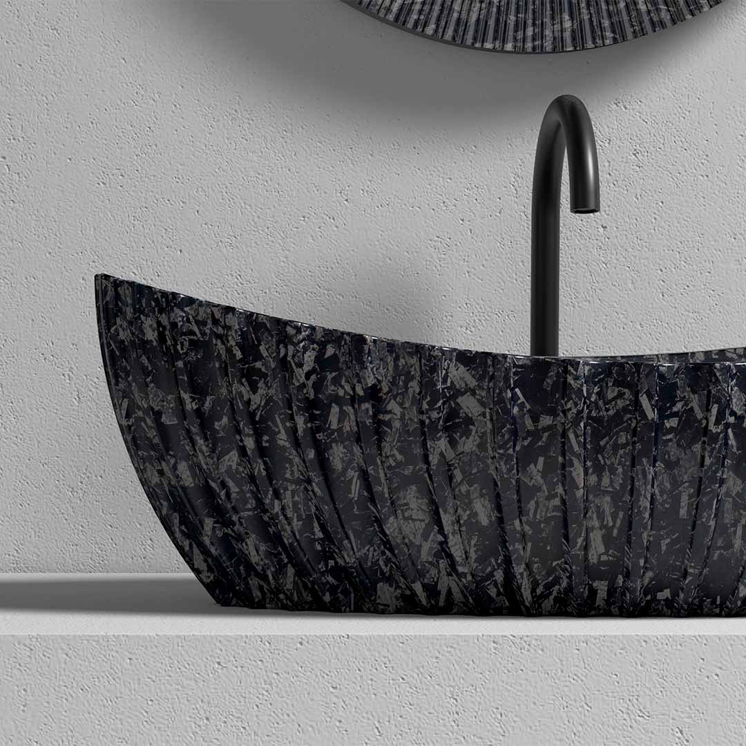 Lavoar de baie pe blat, 60x35 cm, oval cu margini alungite, din fibra de carbon, negru, finisaj mat, MonBlari