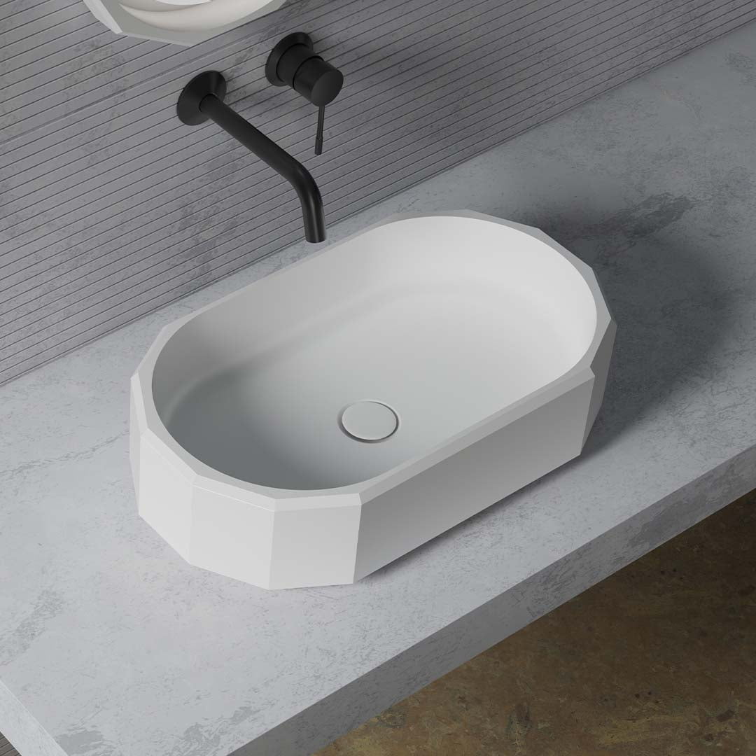 Lavoar de baie, pe blat, 60x35 cm, oval, din compozit, alb mat, MonBlari Beryl