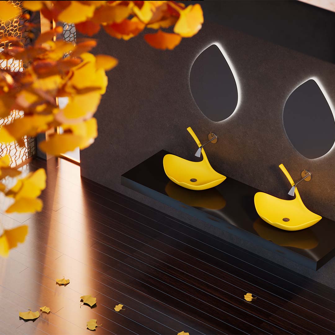 Lavoar de baie, pe blat, 60x40 cm, forma de frunza, din compozit, galben, MonBlari Ginknova