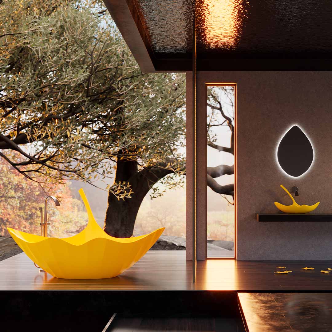 Lavoar de baie, pe blat, 60x40 cm, forma de frunza, din compozit, galben, MonBlari Ginknova