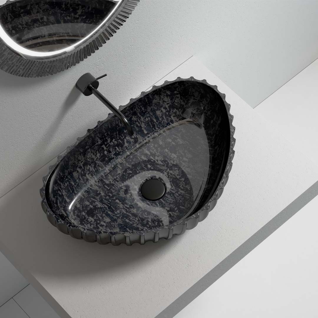 Lavoar de baie pe blat, 60x40 cm, semi-oval, din fibra de carbon, negru, finisaj mat, MonBlari