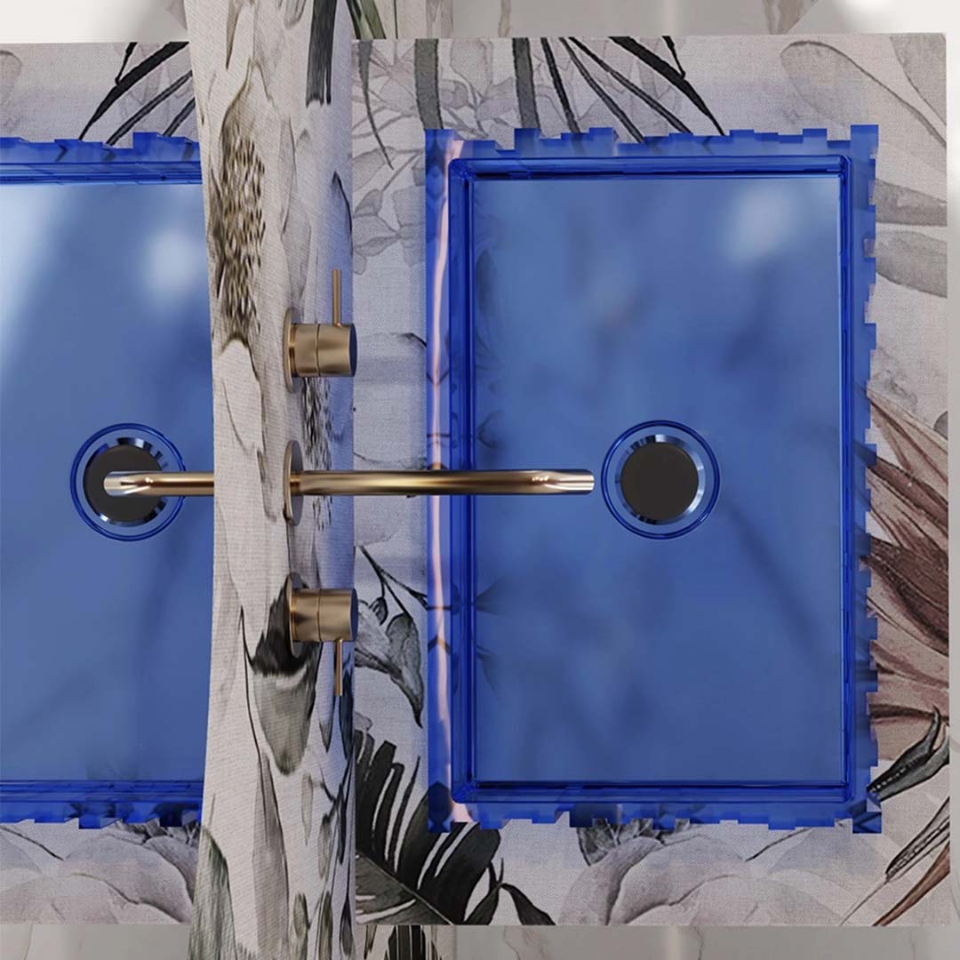 Lavoar de baie, pe blat, dreptunghiular, 560x360x160 mm, cu riflaje, din rasina, albastru transparent, MonBlari