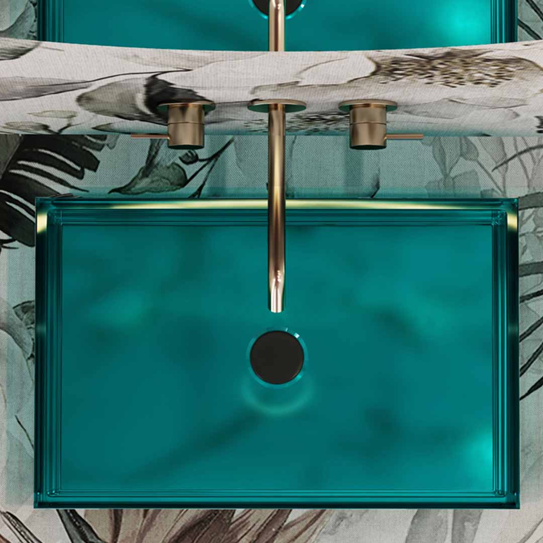 Lavoar de baie pe blat, dreptunghiular, din rasina, 56 cm,albastru transparent, finisaj mat, MonBlari