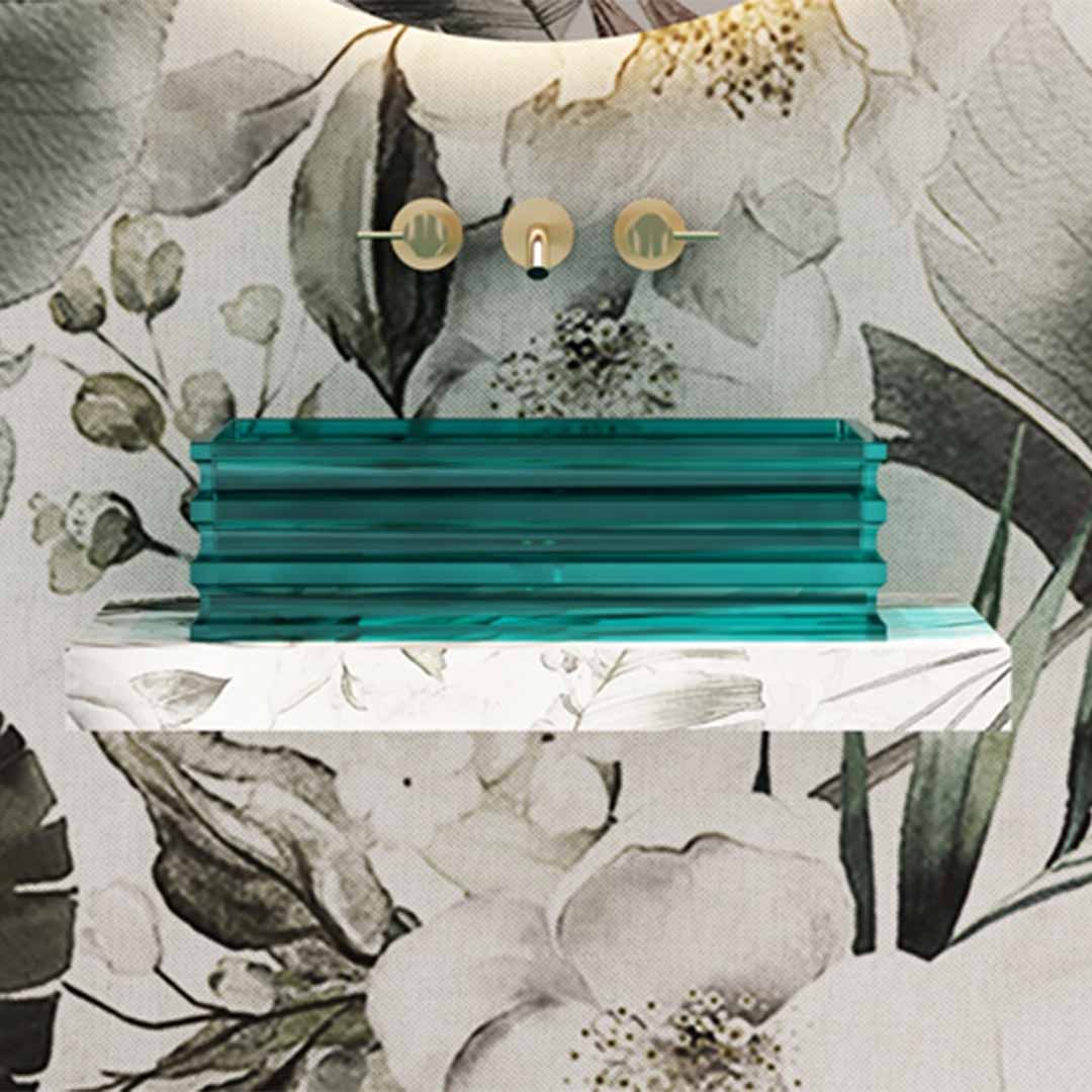 Lavoar de baie pe blat, dreptunghiular, din rasina, 56 cm,albastru transparent, finisaj mat, MonBlari