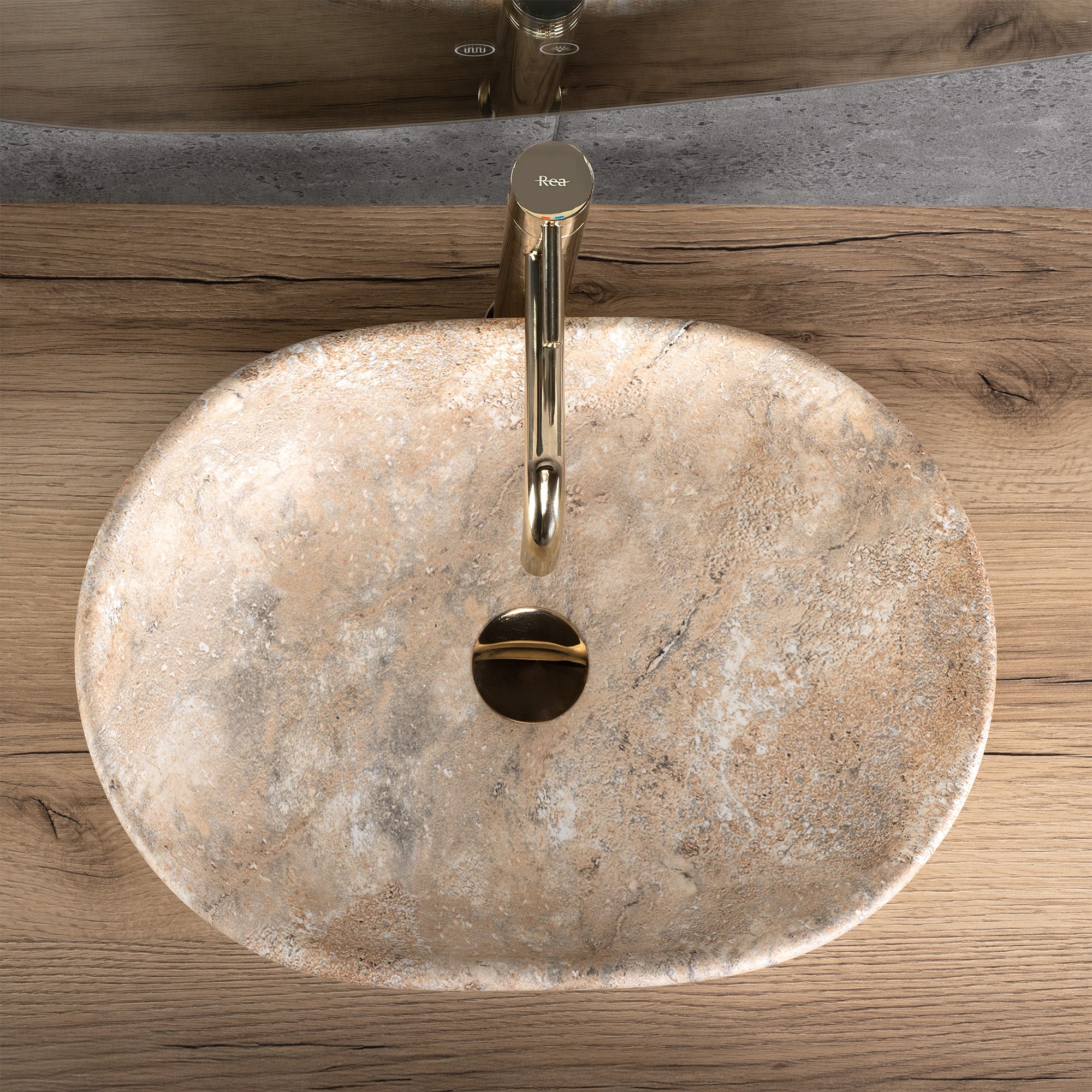 Lavoar de baie, pe blat, oval, 48 cm, imitatie piatra, Rea