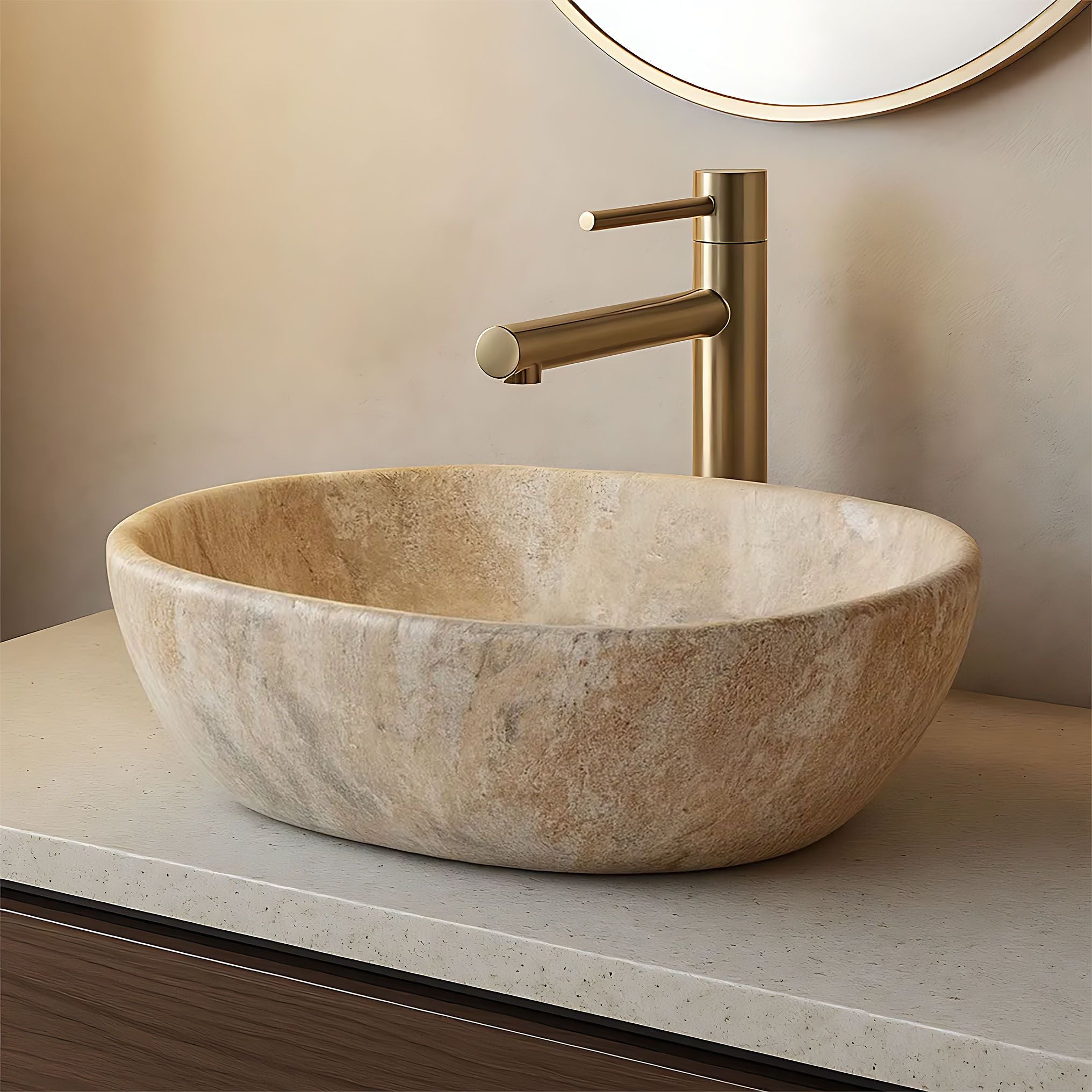 Lavoar de baie, pe blat, oval, 48 cm, imitatie piatra, Rea